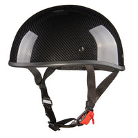 A black carbon fiber motorcycle half helmet with a chin strap and a red quick release button.