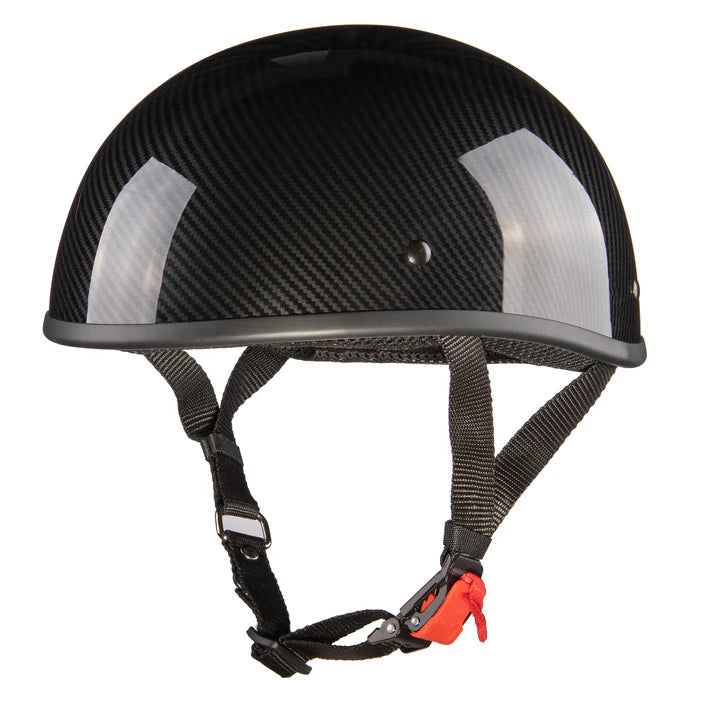 A black carbon fiber motorcycle half helmet with a chin strap and a red quick release button.