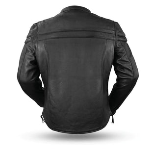 A black leather men's jacket with a collarless design, featuring a front zipper closure, zippered cuffs, and side zippered pockets on the lower hip.