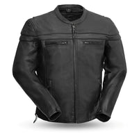 A black leather men's jacket with a collarless design, featuring a front zipper closure, zippered cuffs, and side zippered pockets on the lower hip.