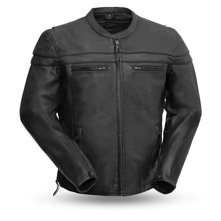A black leather men's jacket with a collarless design, featuring a front zipper closure, zippered cuffs, and side zippered pockets on the lower hip.