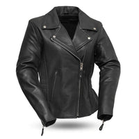 A black leather women's jacket with a collar, zippered cuffs, and side vents, featuring multiple pockets and a front zipper closure.