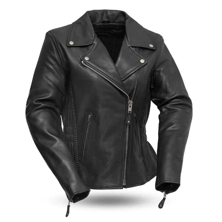 A black leather women's jacket with a collar, zippered cuffs, and side vents, featuring multiple pockets and a front zipper closure.