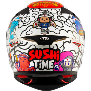 Colorful helmet with cartoon designs and text on a white background