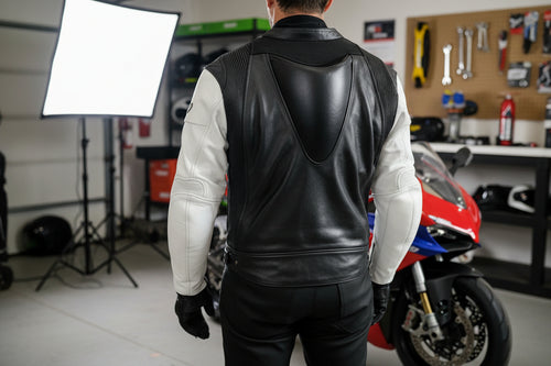 Yukon Moto Gear & Apparel custom made Black/White leather motorcycle racing jacket with a speed hump on a worn by a man standing facing a motorcycle with a camera flash screen and garage in background