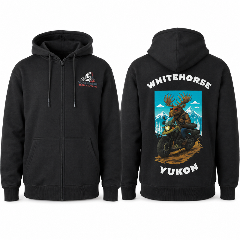 Front and back of the black YMGA Adult Whitehorse Yukon Adventure Moose zip-up hoodie featuring the YMGA chest logo and a moose riding an adventure motorcycle.