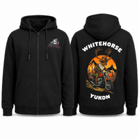 Front and back of the black YMGA Adult Whitehorse Yukon Caribou Cruiser zip-up hoodie featuring the YMGA chest logo and a caribou riding a red cruiser motorcycle.