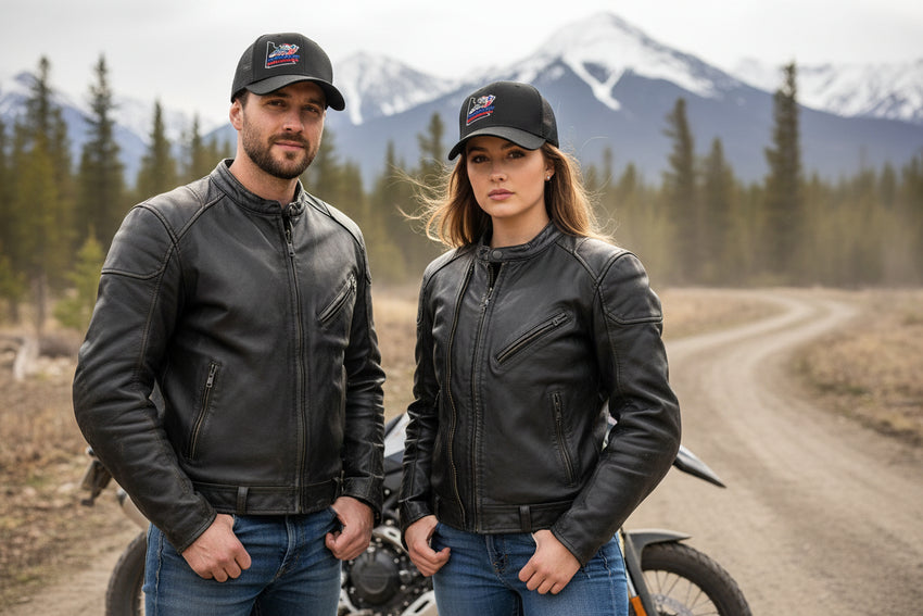Two people wearing leather jackets and YMGA ball caps in black standing on a dirt road with mountains in the background.