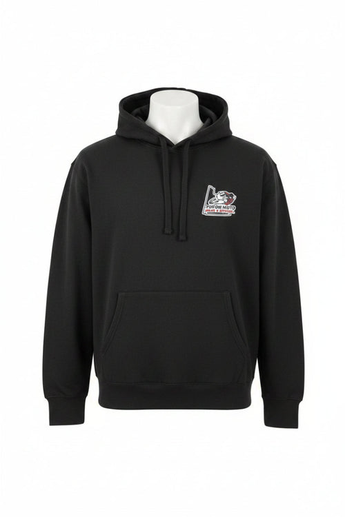 Black hoodie with a YMGA logo on a white background