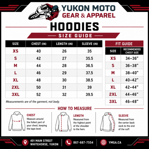 Yukon Moto Gear & Apparel hoodie size guide with measurements and fit information.