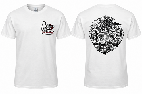 White short-sleeve crewneck t-shirt shown from both front and back. The front features a small black and red graphic on the left chest with the text 'TUKOMOTO MOTO GARAGE & SHOP'.