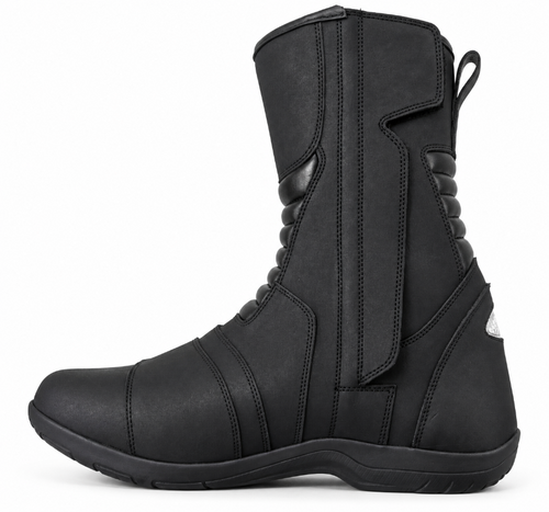 A black mid-calf protective boot with a side zipper, lace-up front, and heel pull tab, shown from a side profile on a white background.