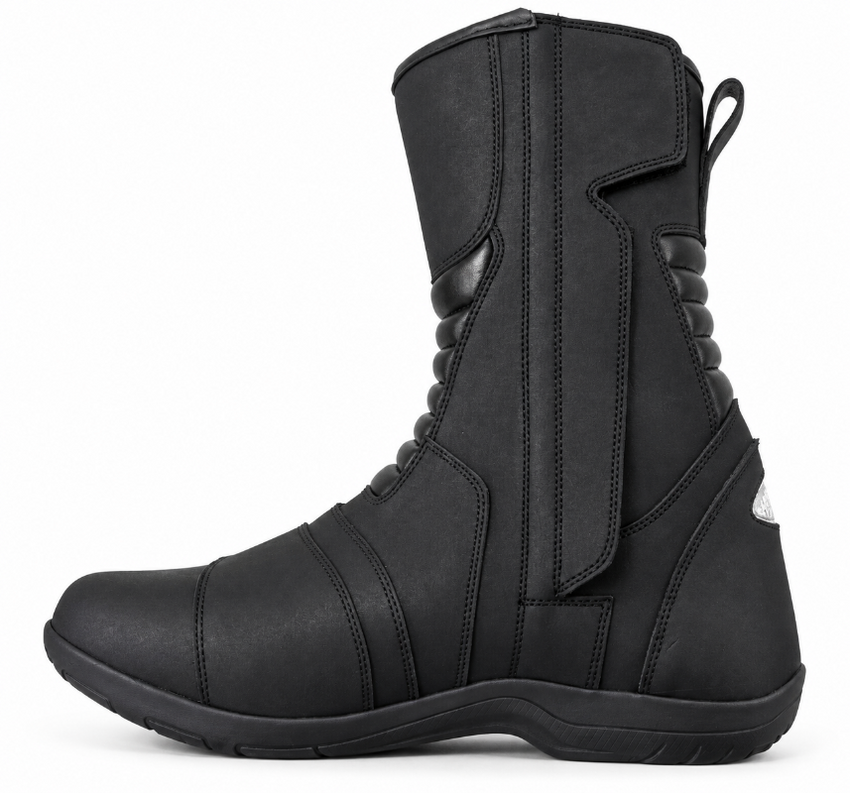 A black mid-calf protective boot with a side zipper, lace-up front, and heel pull tab, shown from a side profile on a white background.