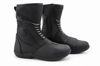 A pair of black mid-calf boots with a matte finish, featuring side zippers and textured paneling, displayed against a clean white background.
