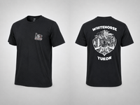 Black t-shirt with front and back graphics on a gray background
