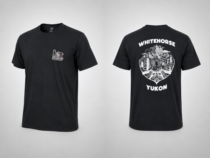 Black t-shirt with front and back graphics on a gray background