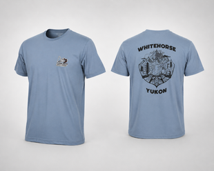 Light blue t-shirt with 'Whitehorse Yukon' design on a white background