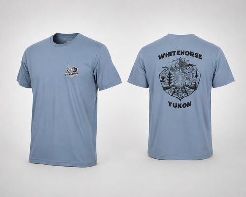 YMGA Whitehorse Yukon men's light blue T-shirt featuring a small Yukon Moto Gear & Apparel chest logo and a large Whitehorse, Yukon mountain and motorcycle graphic on the back. Soft crew neck short-sleeve graphic tee designed for motorcycle riders, outdoor enthusiasts, and Yukon adventure lovers.