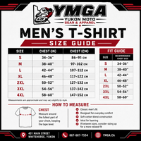 Yukon Moto Gear & Apparel men's t-shirt size guide with measurements and fit information.