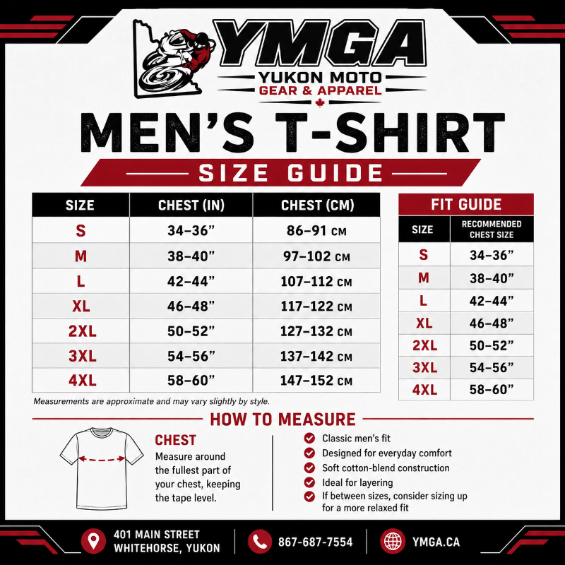 Yukon Moto Gear & Apparel men's t-shirt size guide with measurements and fit information.