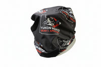 a motorcycle buff in black with multiple YMGA logo's