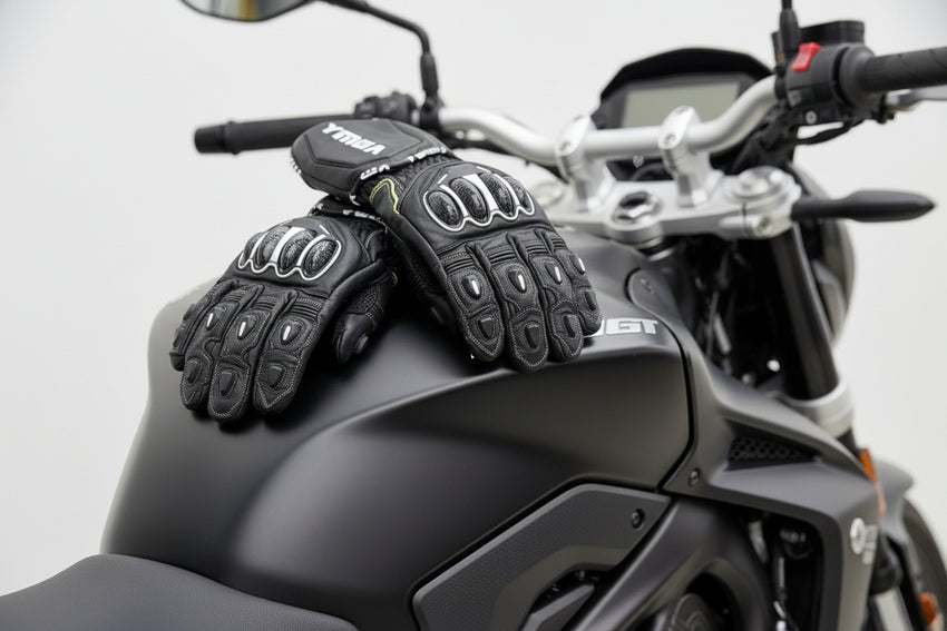 Pair of black gloves with White accents with 'YMGA' branding on a wooden surface