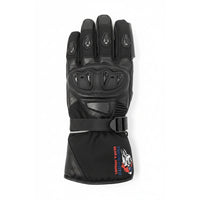 Front view of the YMGA NORTHBOUND black waterproof motorcycle glove with hard knuckle protection, reinforced fingers and adjustable gauntlet cuff.