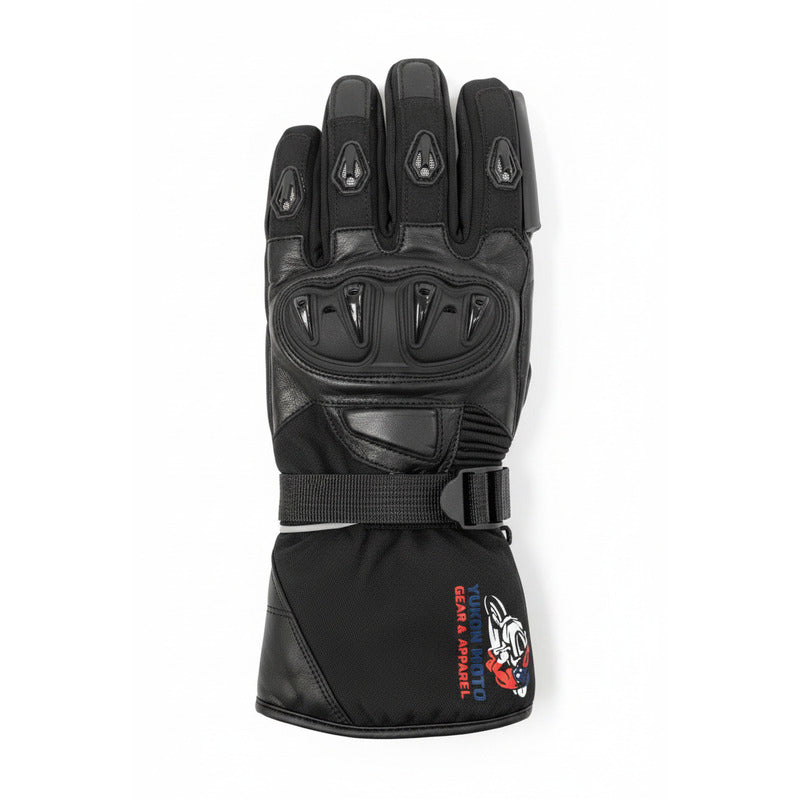 Front view of the YMGA NORTHBOUND black waterproof motorcycle glove with hard knuckle protection, reinforced fingers and adjustable gauntlet cuff.