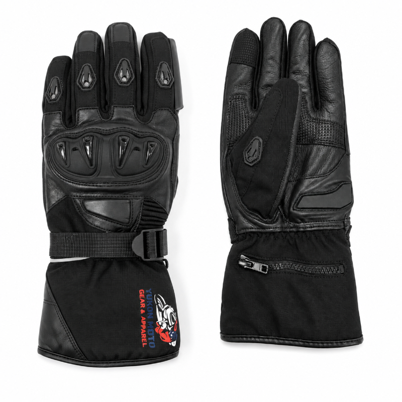 Front and palm views of YMGA NORTHBOUND black waterproof motorcycle gloves with hard knuckle protection, reinforced grip panels and long gauntlet cuffs.
