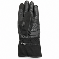 Palm view of YMGA NORTHBOUND black waterproof motorcycle glove with reinforced leather grip panels, touchscreen fingertip and zippered gauntlet cuff.