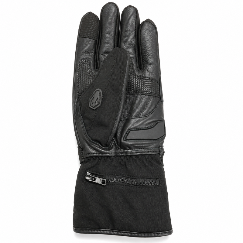 Palm view of YMGA NORTHBOUND black waterproof motorcycle glove with reinforced leather grip panels, touchscreen fingertip and zippered gauntlet cuff.