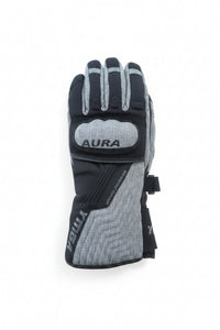 Gray and black glove with 'Aura' branding on a wooden surface