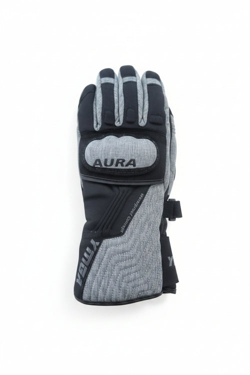 YMGA Premium Unisex Waterproof Winter Motorcycle Glove in grey and black featuring insulated waterproof construction, padded knuckle protection, adjustable wrist closures, and an extended gauntlet cuffs for maximum warmth and weather protection. Designed for cold-weather motorcycle touring, commuting, and adventure riding.