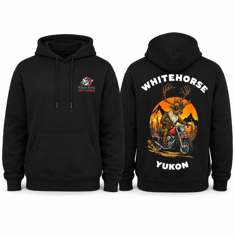 Front and back of the black YMGA Adult Whitehorse Yukon Caribou Cruiser pullover hoodie featuring the YMGA chest logo and a caribou riding a red cruiser motorcycle.