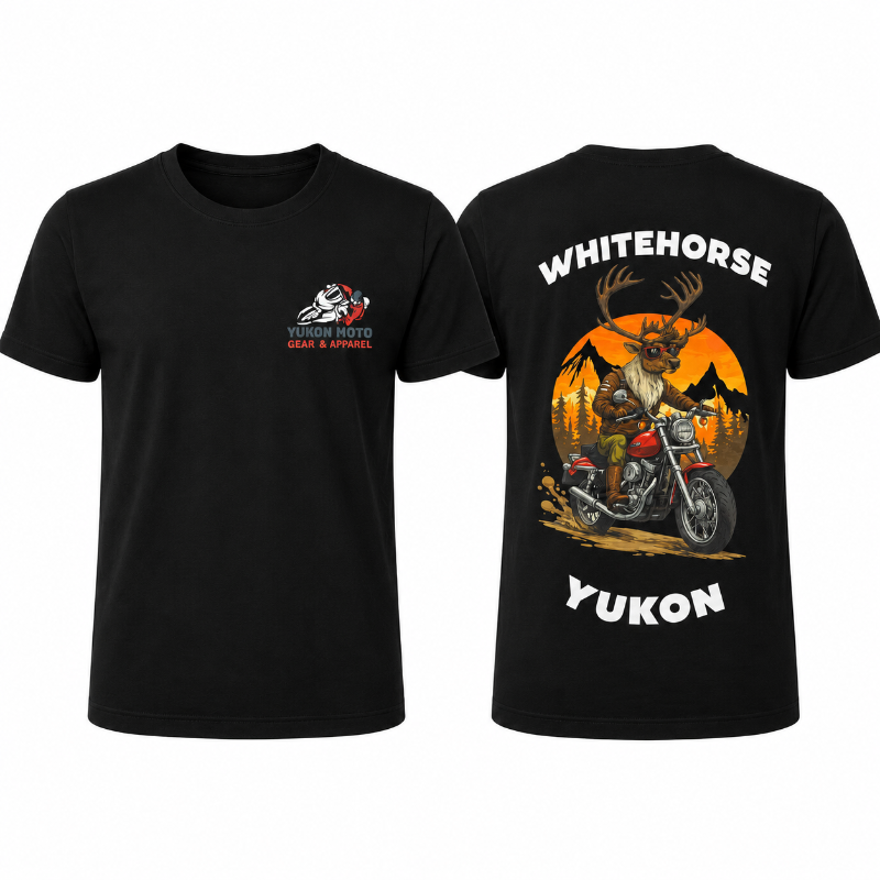 Front and back of a black YMGA Whitehorse Yukon T-shirt featuring a caribou in sunglasses riding a red cruiser motorcycle at sunset.