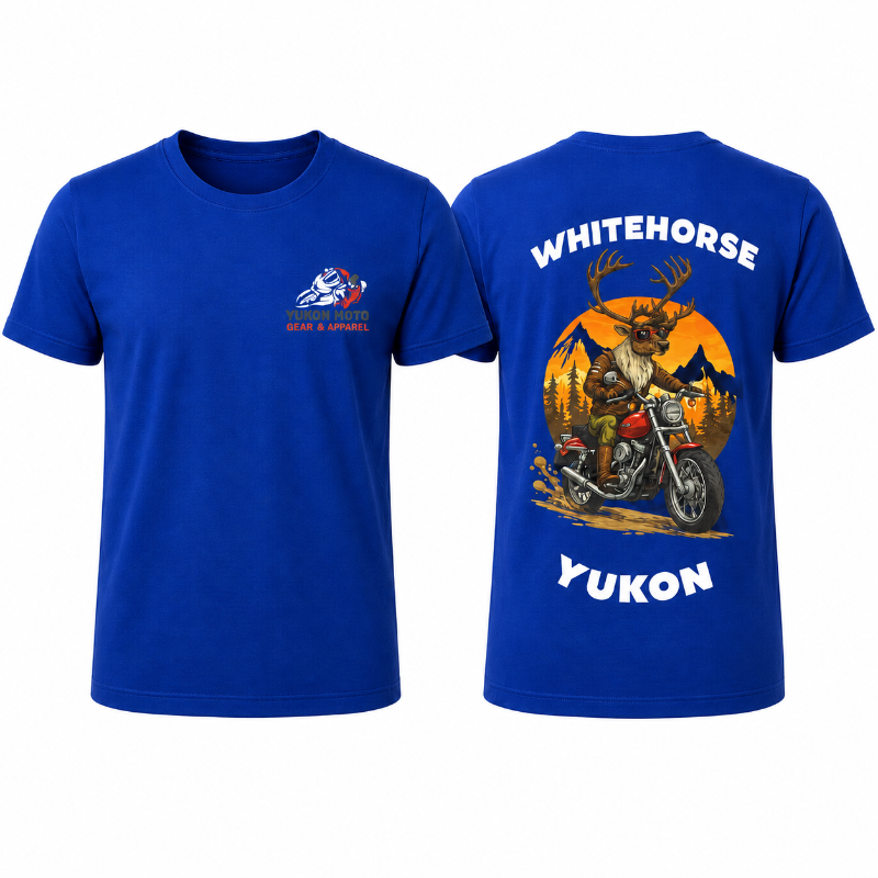 Front and back of a royal-blue YMGA Whitehorse Yukon T-shirt featuring a caribou in sunglasses riding a red cruiser motorcycle at sunset.