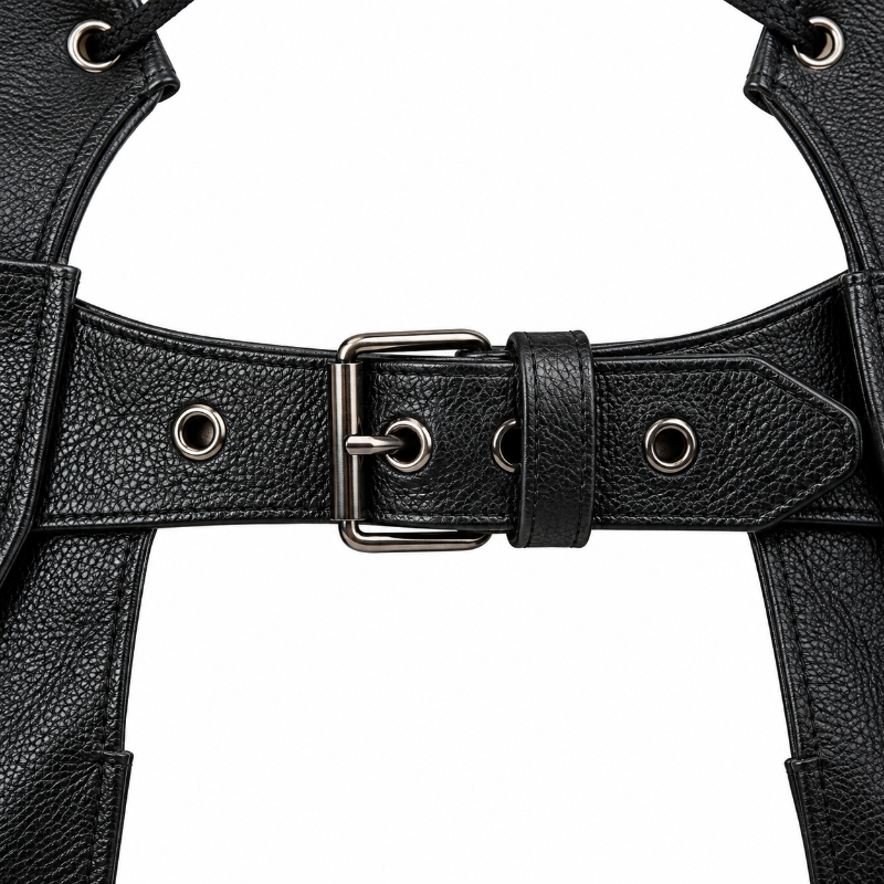 Close-up of the front adjustable belt buckle on YMGA black leather motorcycle chaps, showing the metal buckle, adjustment eyelets and textured leather.