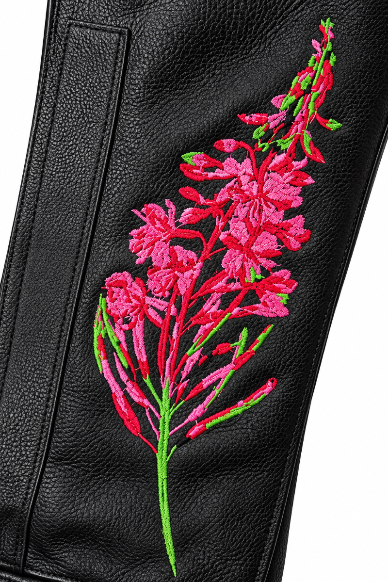 Close-up of exclusive pink and red Fireweed embroidery with green detailing on YMGA black leather women’s motorcycle chaps.