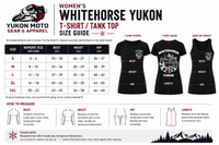 Size guide for Women's Whitehorse Yukon t-shirt and tank top with measurements and illustrations.