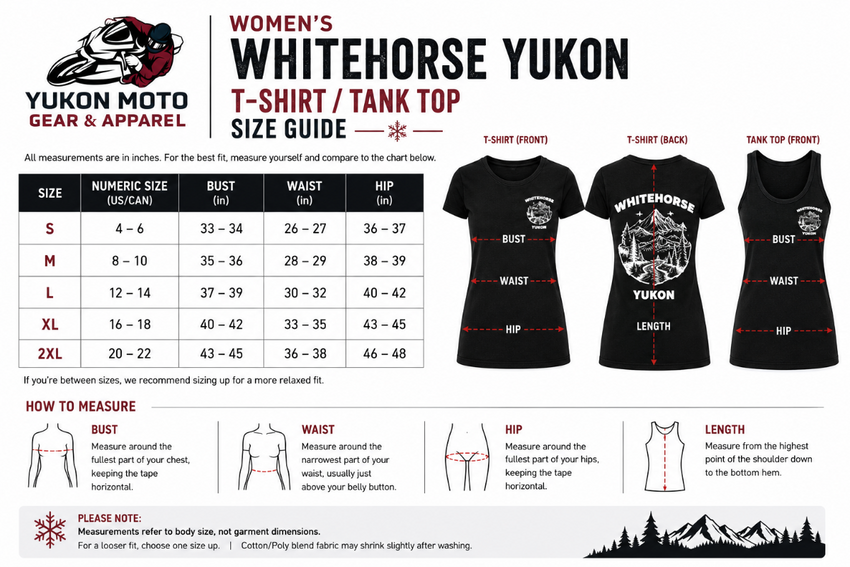Size guide for Women's Whitehorse Yukon t-shirt and tank top with measurements and illustrations.