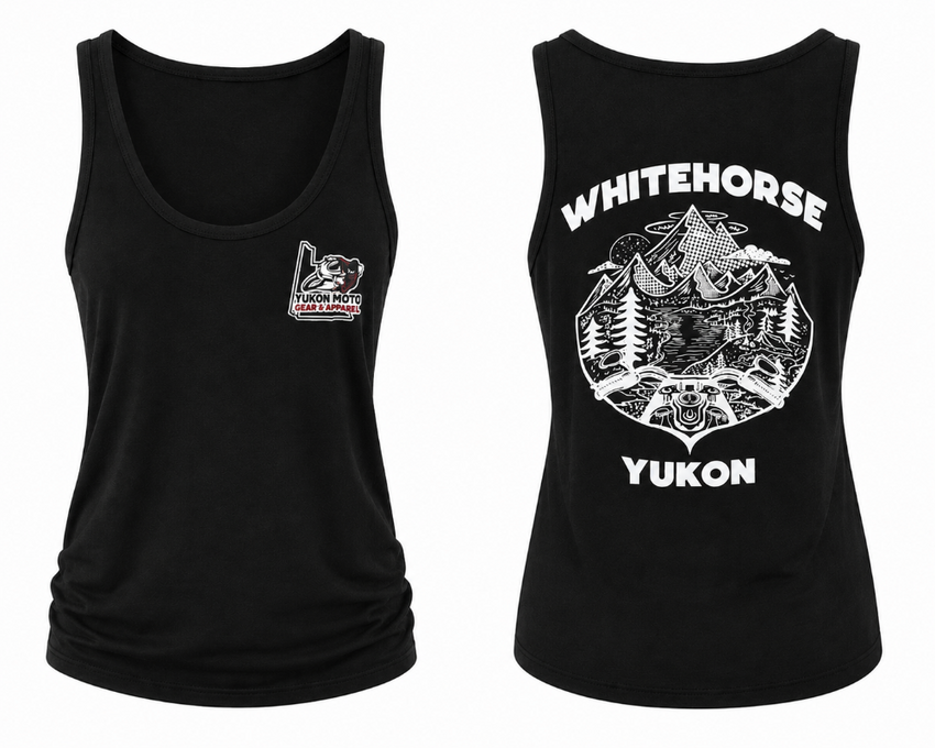 Black tank top with 'Whitehorse Yukon' design on a white background