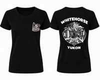 Black t-shirt with 'Whitehorse Yukon' design on a white background