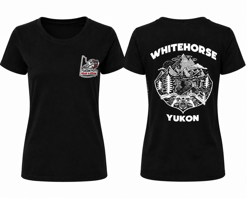 Black t-shirt with 'Whitehorse Yukon' design on a white background