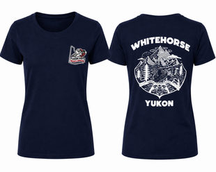Navy blue t-shirt with 'Whitehorse Yukon' design on a white background