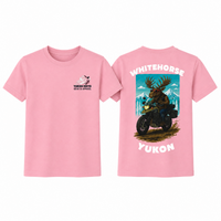 Front and back of a pink YMGA Youth Whitehorse Yukon T-shirt featuring a moose in sunglasses riding an adventure motorcycle through mountain terrain.