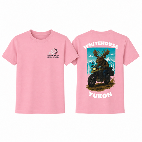 Front and back of a pink YMGA Youth Whitehorse Yukon T-shirt featuring a moose in sunglasses riding an adventure motorcycle through mountain terrain.