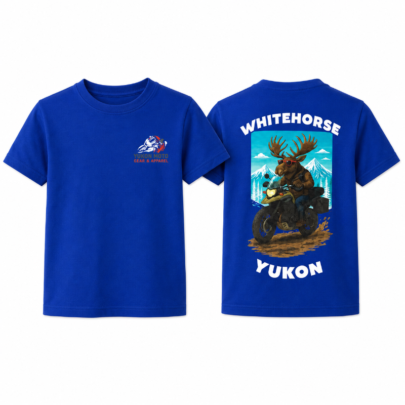 Front and back of a blue YMGA Youth Whitehorse Yukon T-shirt featuring a moose in sunglasses riding an adventure motorcycle through mountain terrain.