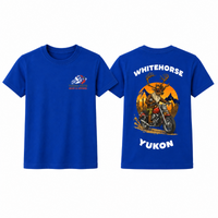 Front and back of a royal-blue YMGA Youth Whitehorse Yukon T-shirt featuring a moose in sunglasses riding an adventure motorcycle through mountain terrain.