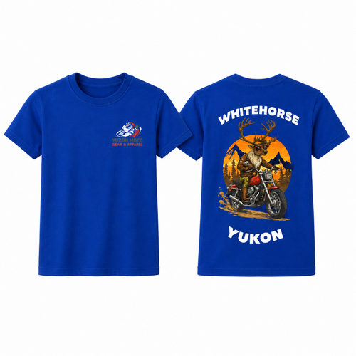 Front and back of a royal-blue YMGA Youth Whitehorse Yukon T-shirt featuring a moose in sunglasses riding an adventure motorcycle through mountain terrain.