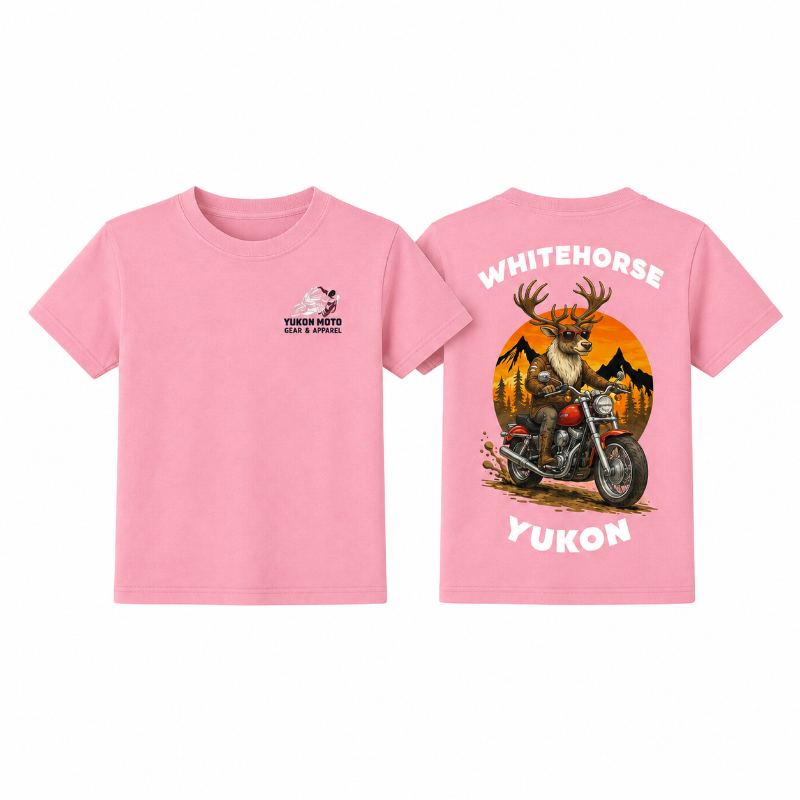 Front and back of a pink YMGA Youth Whitehorse Yukon T-shirt featuring a moose in sunglasses riding an adventure motorcycle through mountain terrain.